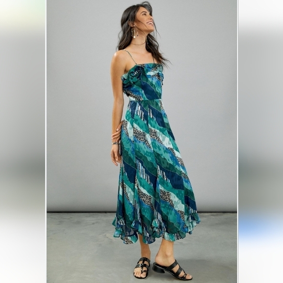 Hutch Anthropologie Ondine Multicolor Patchwork Leopard Ruffle Maxi Dress Size 0 - Picture 1 of 16